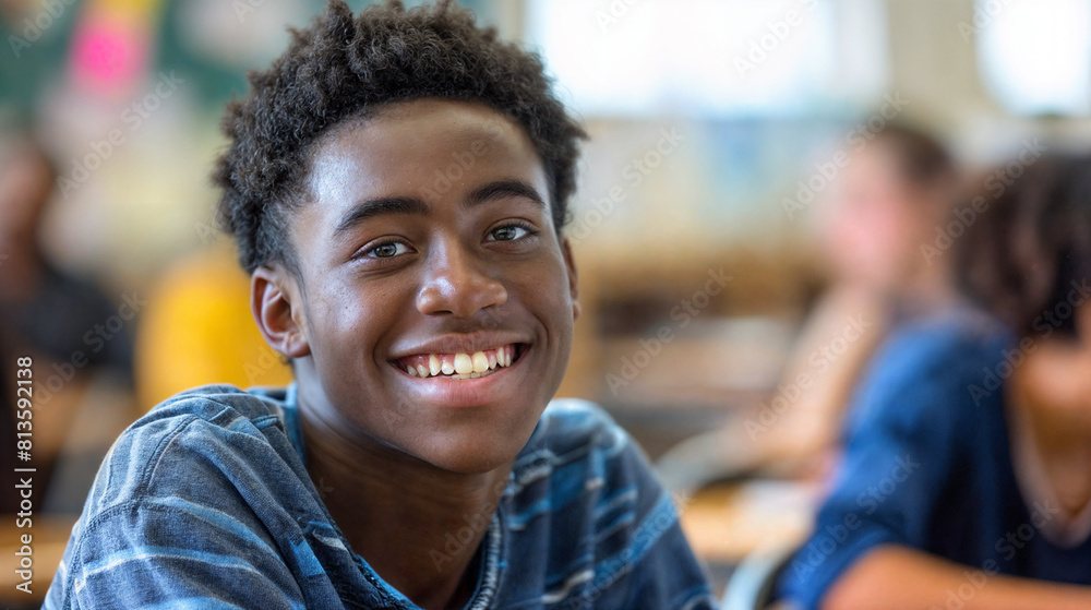 Smiling student sitting in class. Education at school and university. Black male student in the audience. Process of learning and education. Teenager in class Smiling student sitting in class. Education at school and university. Black male student in the audience. Process of learning and education. Teenager in class