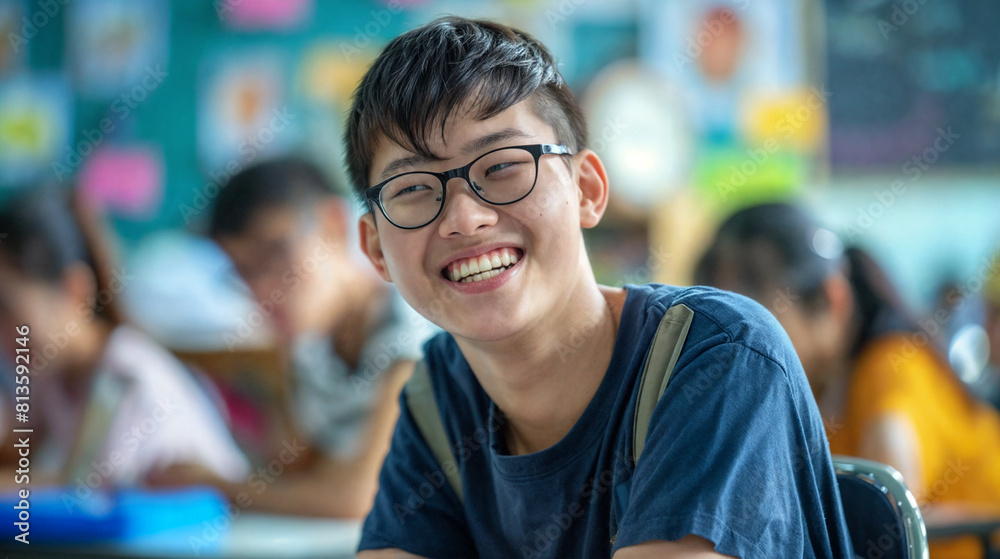 Smiling student sitting in class. Education at school and university. Asian male student in the audience. Process of learning and education. Teenager in class Smiling student sitting in class. Education at school and university. Asian male student in the audience. Process of learning and education. Teenager in class