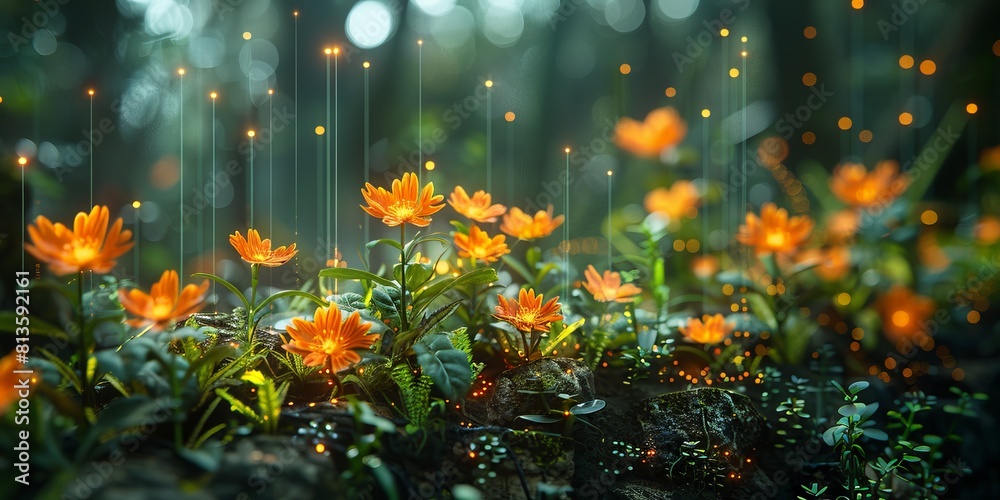 An ethereal augmented reality forest showcasing eco-friendly nature-inspired smart home products integrated with the environment An ethereal augmented reality forest showcasing eco-friendly nature-inspired smart home products integrated with the environment
