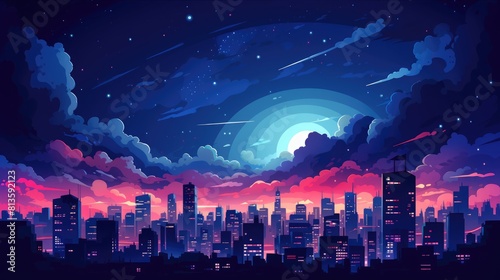 City skylines cartoon illustration - Generative AI. Night, skyscraper, cityscape, moon, water. photo