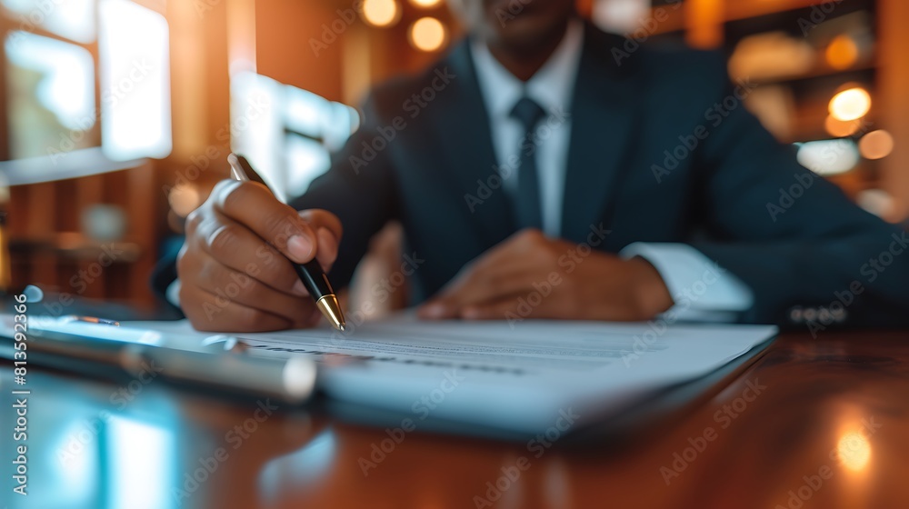 Successful Professional with Contract in Blurred Office, Successful professional, contract, blurred office