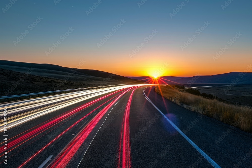 Vibrant light trails streak across a highway at sunset, creating a stunning visual display of movement and energy. Vibrant light trails streak across a highway at sunset, creating a stunning visual display of movement and energy.