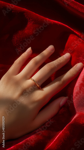 A closeup of the hand with a thin gold ring on it,  photo