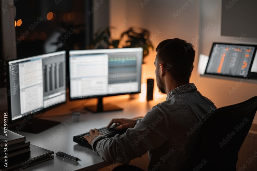 A man sits at a desk, focused on two monitors displaying information. The room is adorned with K photography wall art. A man sits at a desk, focused on two monitors displaying information. The room is adorned with K photography wall art.