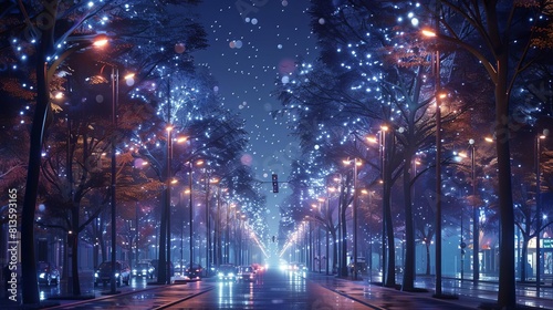 Portray a network of smart streetlights in a city that adjust brightness based on pedestrian and traffic patterns photo