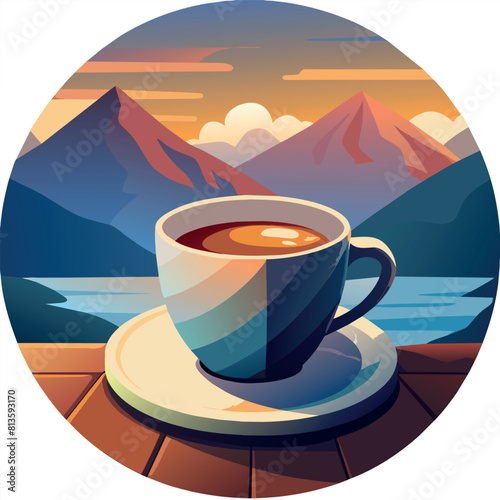A cup of coffee is sitting on a plate in front of a mountain range. Concept of calm and relaxation, as the viewer can imagine themselves sitting on a mountaintop, sipping a warm cup of coffee
