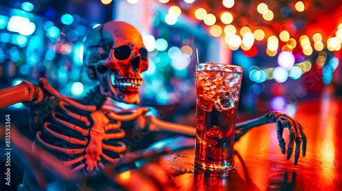 Skeleton enjoying a drink at a vibrant nightclub, the concept of alcohol kills