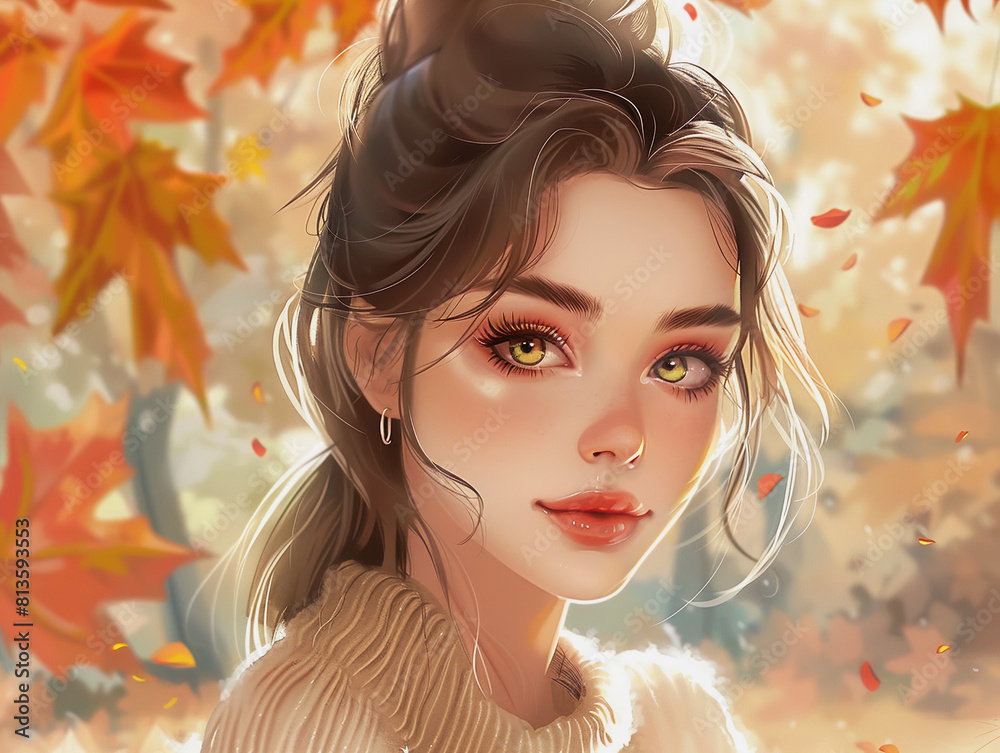 Portrait of young woman wearing a sweater is standing in front of tree with autumn leaves falling Portrait of young woman wearing a sweater is standing in front of tree with autumn leaves falling