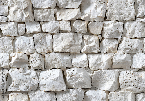 Wall of natural white stone texture in seamless pattern. Detailed view of a white stone wall, suitable for backgrounds and textural overlays in designs photo