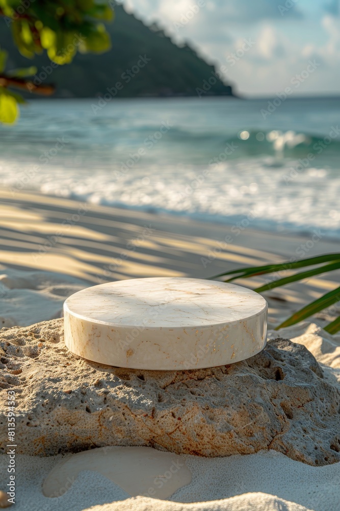 Minimalist Quartz Podium, front view focus, with a White Sand Beach Background, ideal for summer skincare product displays Minimalist Quartz Podium, front view focus, with a White Sand Beach Background, ideal for summer skincare product displays