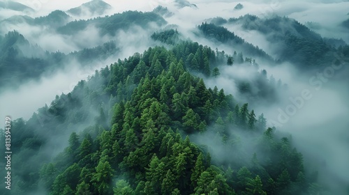 Mountain forest  mostly clouds and fog. Aerial high view. Generative AI.