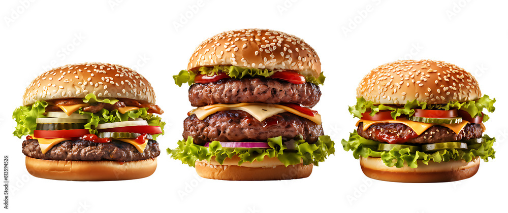 Cheeseburger isolated on a transparent background. Delicious Double Beef Burger consists of Bun Bread Patty Pickle Onion Mayonaisse Ketchup Cheddar Cheese and lettuce Cheeseburger isolated on a transparent background. Delicious Double Beef Burger consists of Bun Bread Patty Pickle Onion Mayonaisse Ketchup Cheddar Cheese and lettuce