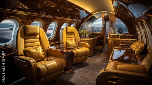 Interior of a goldthemed private jet cabin with plush seats and highend amenities for luxury travel photo