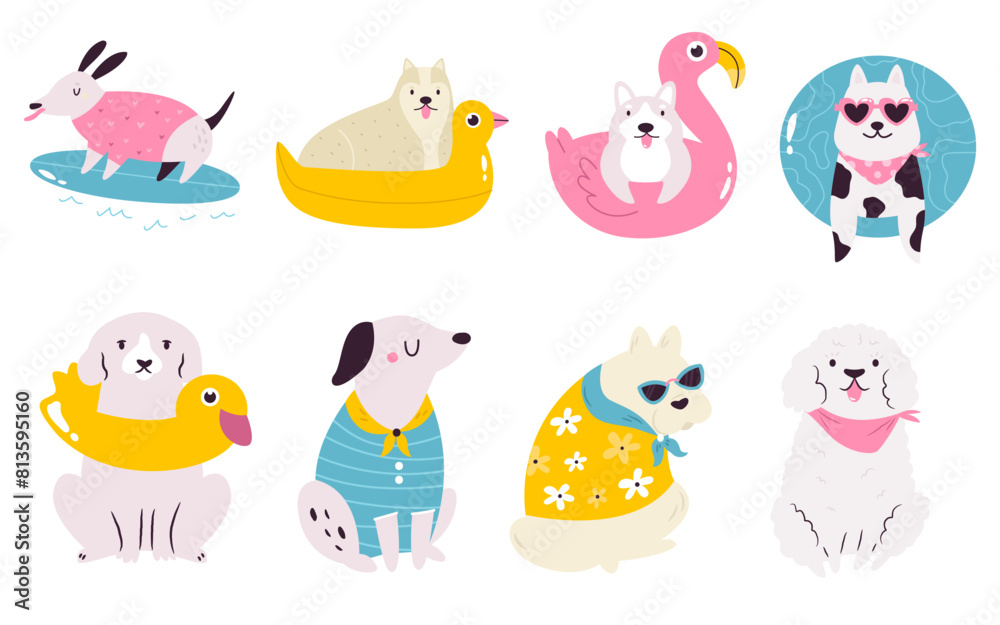 Set of hand drawn vector dogs doing summer activities and swimming Set of hand drawn vector dogs doing summer activities and swimming