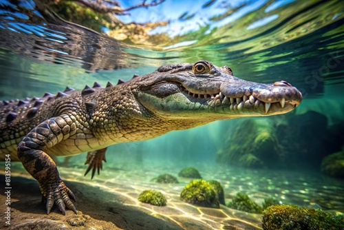 salt water crocodile swimming in clear river photo