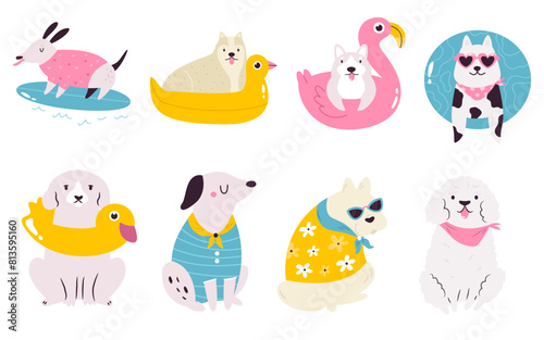 Photography Set of hand drawn vector dogs doing summer activities and swimming