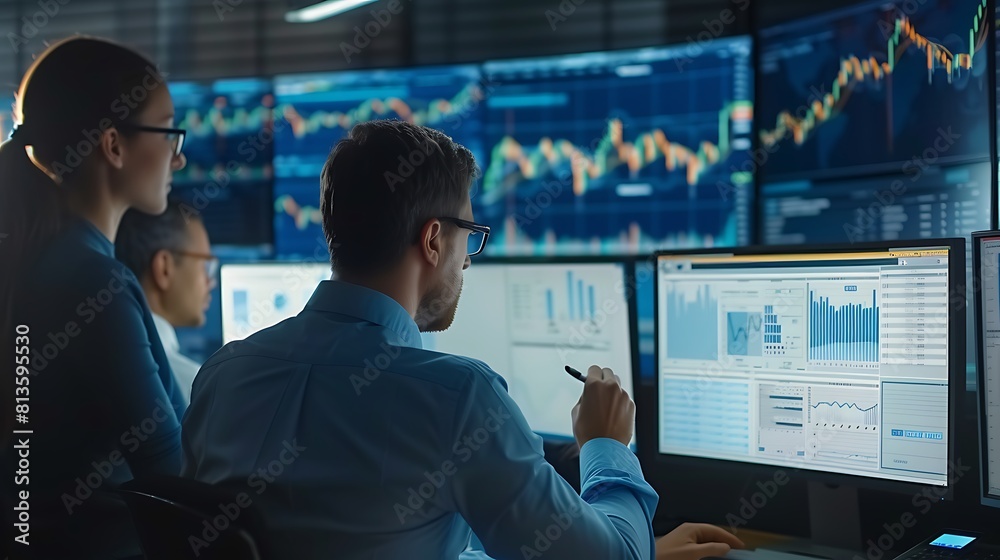 Group Analyzing Market Trends on Computer Screens, Group, analyzing, market trends