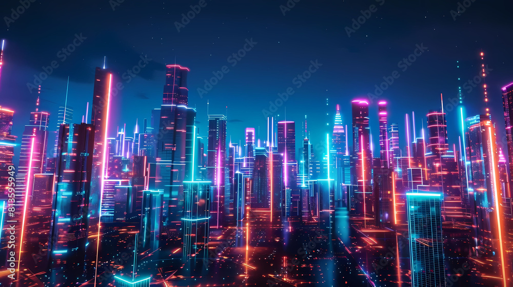 abstract neon cityscape featuring a towering building against a dark blue sky
