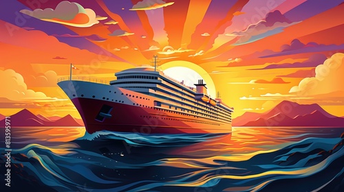 Cruise into the sunset cartoon illustration - Generative AI. Sunset, cruise, ship, ocean.