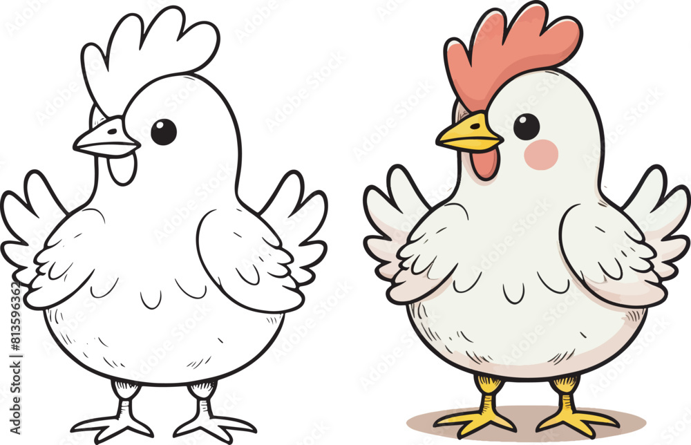 Kawaii chicken, cartoon characters, cute lines and colors, coloring pages Kawaii chicken, cartoon characters, cute lines and colors, coloring pages