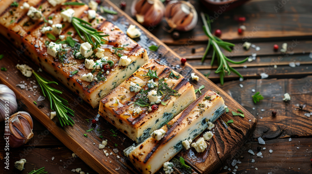 Cedar plank with blue cheese and grill marks on wooden table. top view. Generative AI.