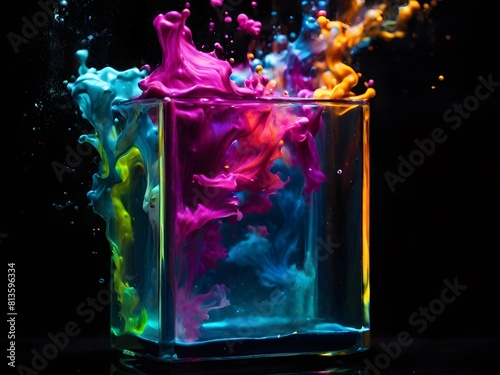 Abstract ink colors diffusion under water in water glass. Colorful paint splashing out of a glass isolated on black background