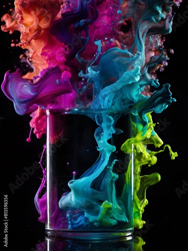 Abstract ink colors diffusion under water in water glass. Colorful paint splashing out of a glass isolated on black background