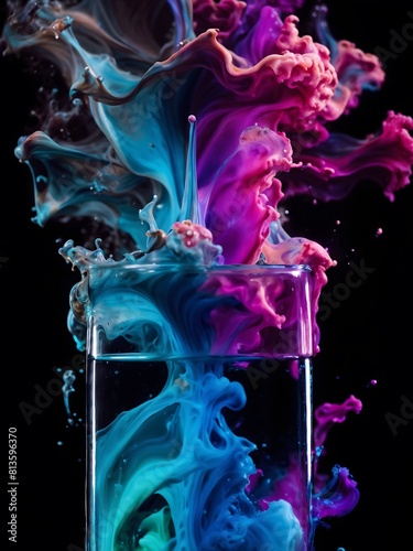Abstract ink colors diffusion under water in water glass. Colorful paint splashing out of a glass isolated on black background