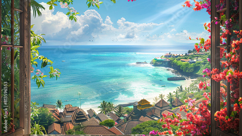 Bali asian view from open window. Flowers Overlooking Ocean and bay
