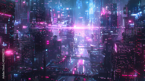 abstract neon cyberpunk cityscape featuring a towering skyscraper  a bustling street  and a bustling river