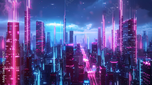 abstract neon cyberpunk cityscape featuring a towering skyscraper  a bustling street  and a bustling river