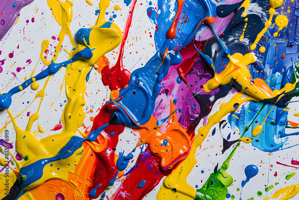 An abstract art composition of splashed paint colors on a canvas ...