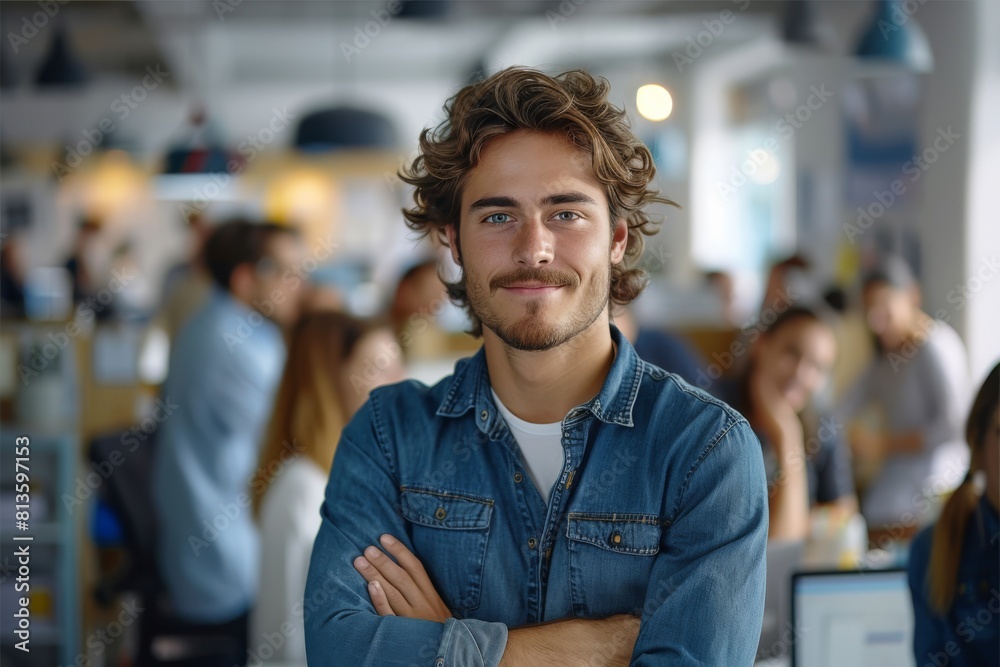 Fototapeta premium Smiling man standing, surrounded by a group of people in the office, casual, programmers and IT specialists. Generative AI.