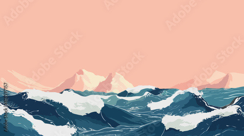 Seascape background with unreal colors, soft pastel pink copy space backdrop wit ocean waves and mounts 