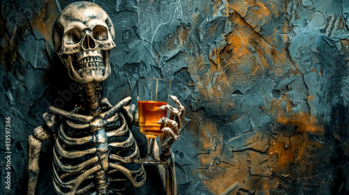 Cheers from beyond: skeleton with a glass of whiskey, the concept of alcohol kills