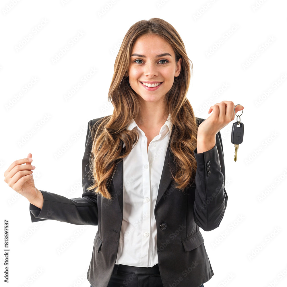 Smiling woman in a suit holding keys on a transparent background. PNG. Isolated. Smiling woman in a suit holding keys on a transparent background. PNG. Isolated.