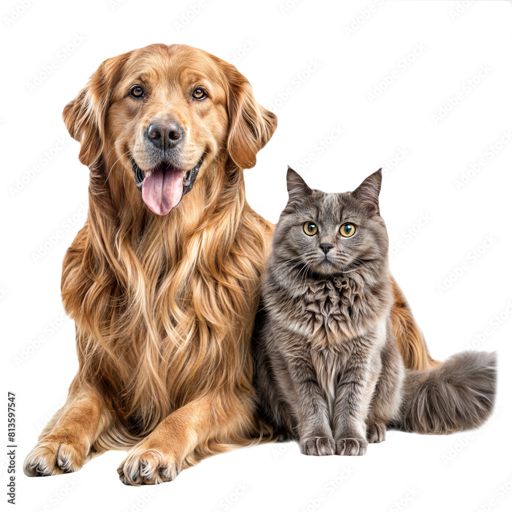 A Golden Retriever dog and a Maine Coon cat together on a isolated background. PNG. 