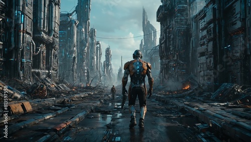 a post-apocalyptic city with a lone figure man robot walking through the ruins. cinematic © Photorich