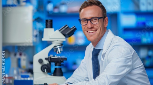 Smiling Scientist with Microscope