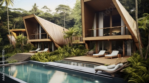 Fototapeta Naklejka Na Ścianę i Meble -  A spa hotel in the jungle. A relaxation area by the pool and modern wooden bungalows. A luxurious vacation. A tourist paradise is ideal for relaxation and honeymoon