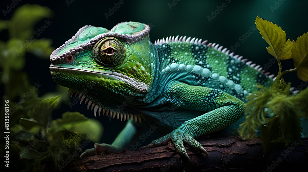 Green and black reptile with striking features Green and black reptile with striking features