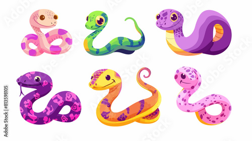 A colorful collection of six friendly cartoon snakes - ideal for educational materials for children	
