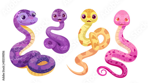 A colorful collection of six friendly cartoon snakes - ideal for educational materials for children	
