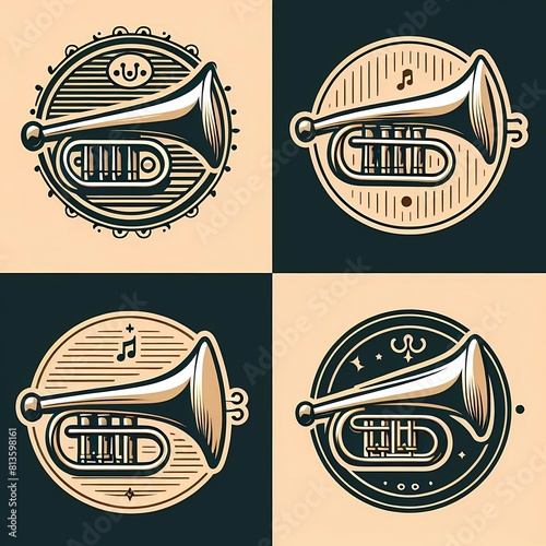 set logo trombone musicaly instrument in vintage style , generative ai photo