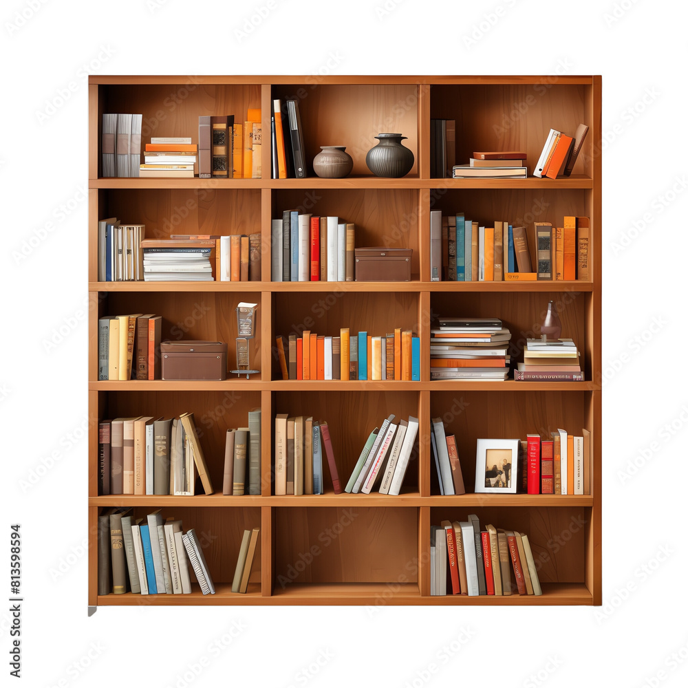 A wooden bookshelf filled with various books, vases, and other objects. A wooden bookshelf filled with various books, vases, and other objects.