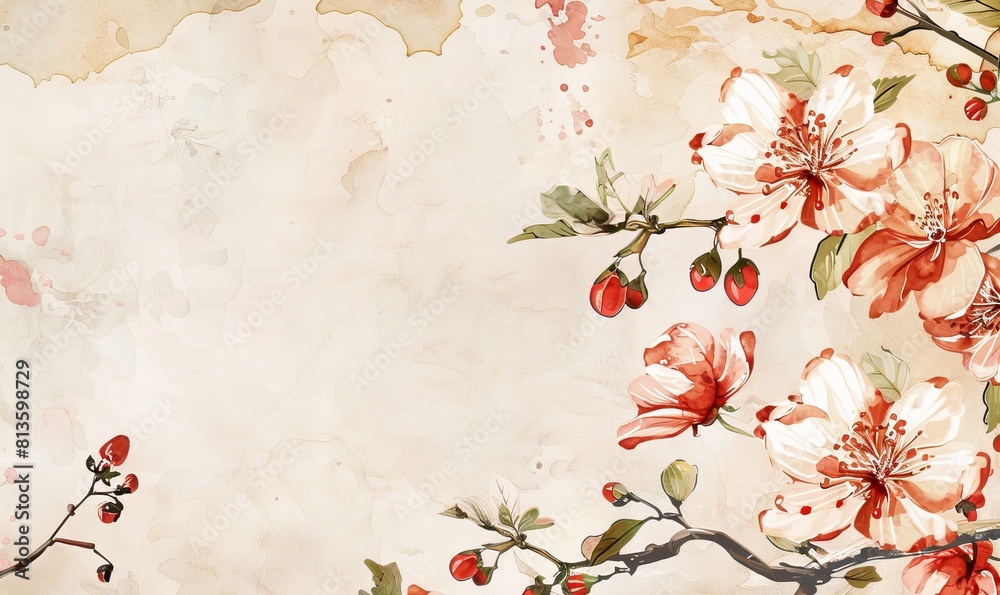 watercolor background with flowers and branches watercolor background with flowers and branches