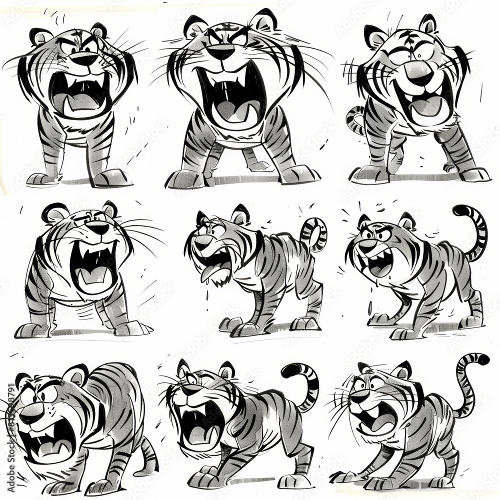 Comical Tiger Characters: Storytelling Ink Drawings in Zen Calligraphy Style Comical Tiger Characters: Storytelling Ink Drawings in Zen Calligraphy Style