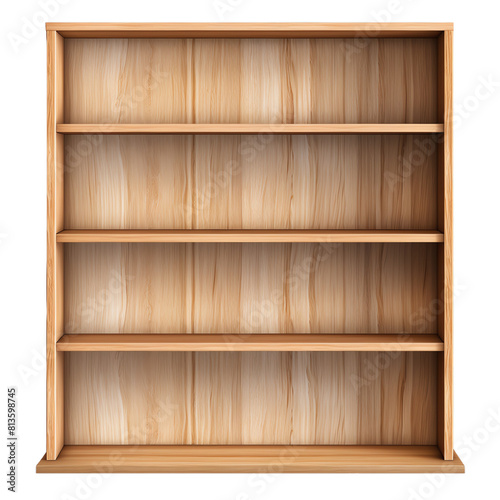 The photo shows an empty wooden bookshelf isolated on a transparent background. The bookshelf has four shelves and is made of light brown wood.