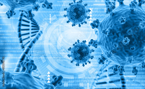 Virus with dna strand blue color background. 3d illustration.