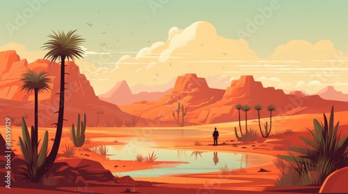Desert oasis cartoon illustration - Generative AI. Desert, oasis, sun, cliff, palm. © Mariia